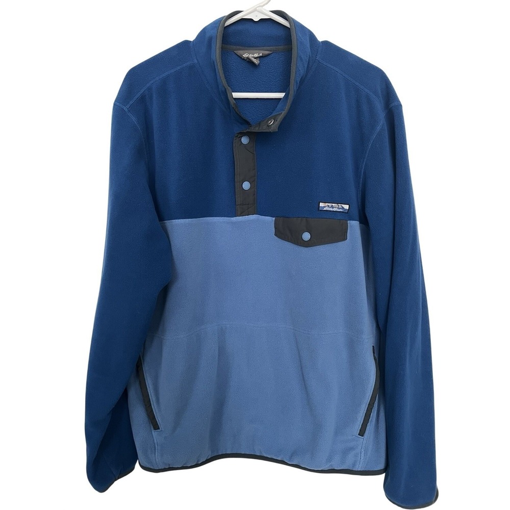 Eddie Bauer Mens Large Fleece Pullover Blue Colorblock Snap Neck Pocket Jacket‎